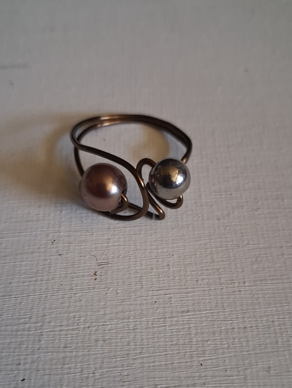 Double Pearl Accent Open Wire Ring - Brown and Silver